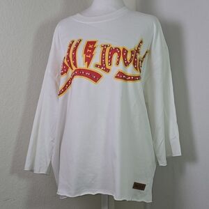 A-Kleep Love to Kleep White Graphic Long Sleeve Tunic Tee L Rhinestone Studded